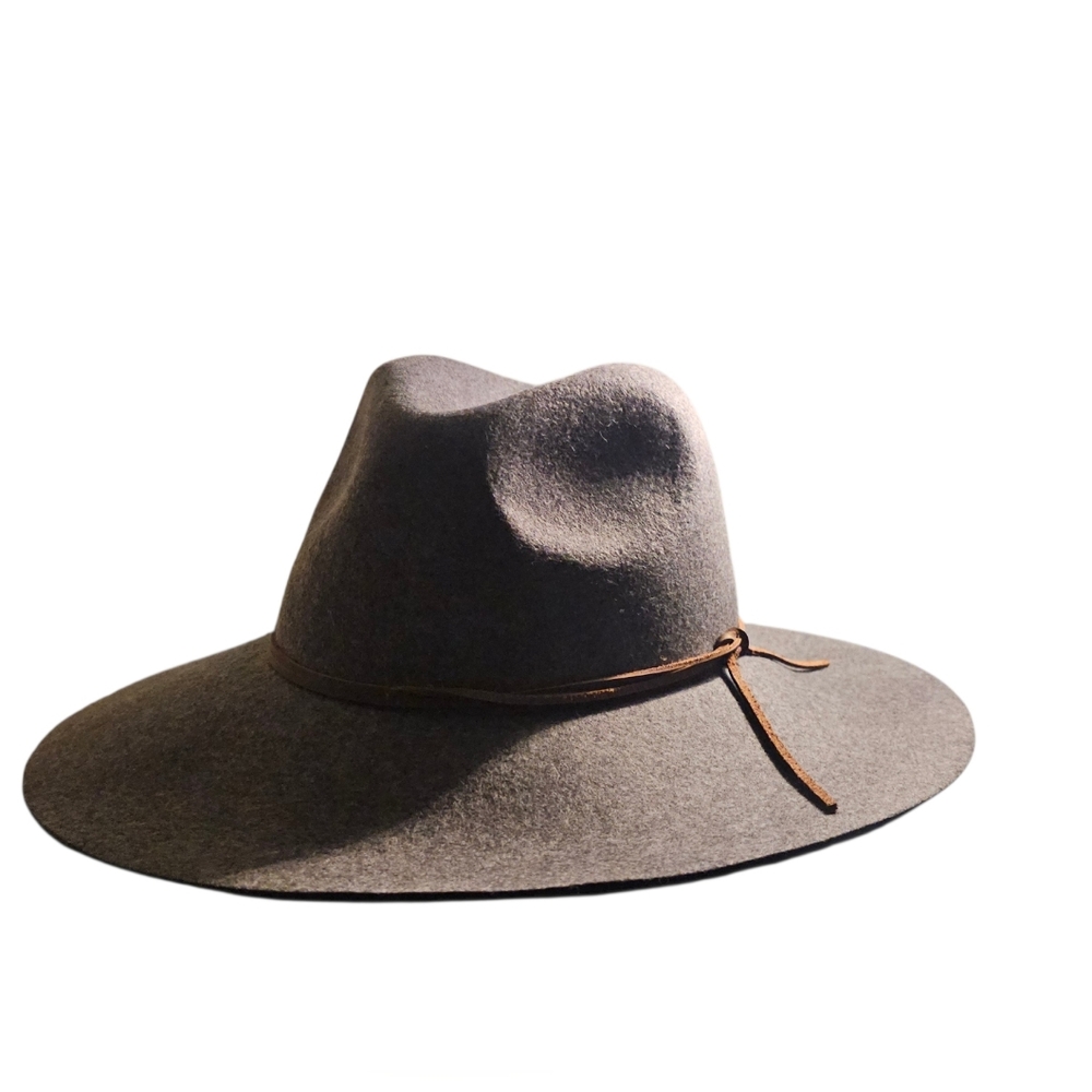 FLEURETTE Women's Wool Hat with Brown Leather Trim | Grey | Adjustable Size NEW